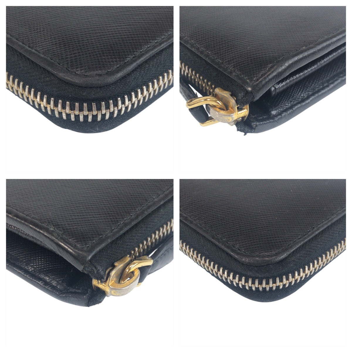 PRADA Long Wallet Purse leather Black Gold Metal Safiano logo