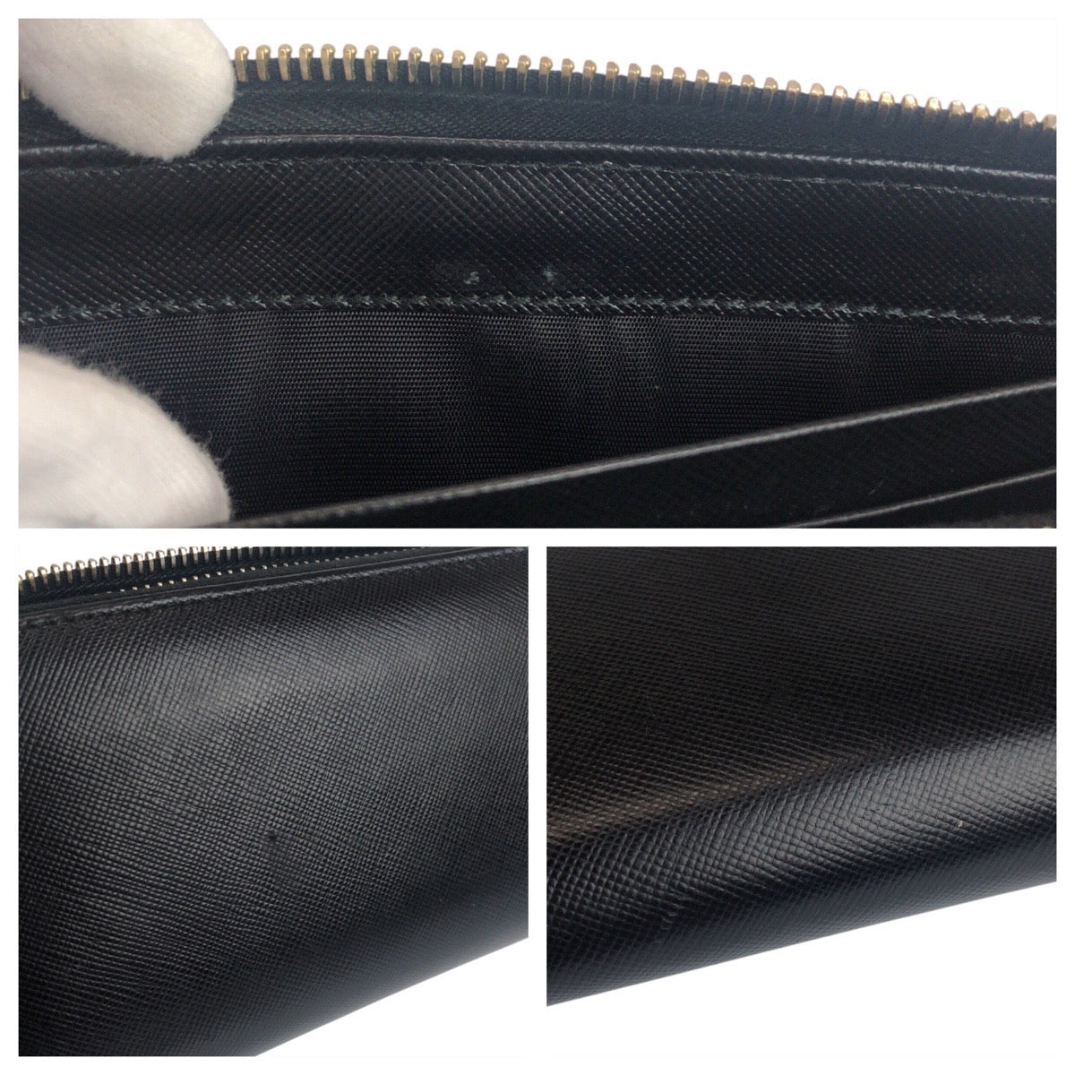 PRADA Long Wallet Purse leather Black Gold Metal Safiano logo