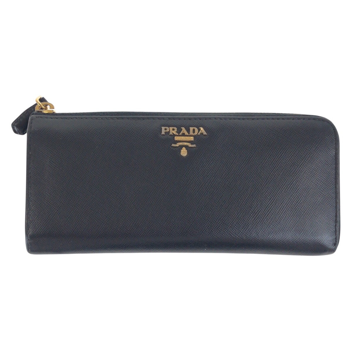 PRADA Long Wallet Purse leather Black Gold Metal Safiano logo