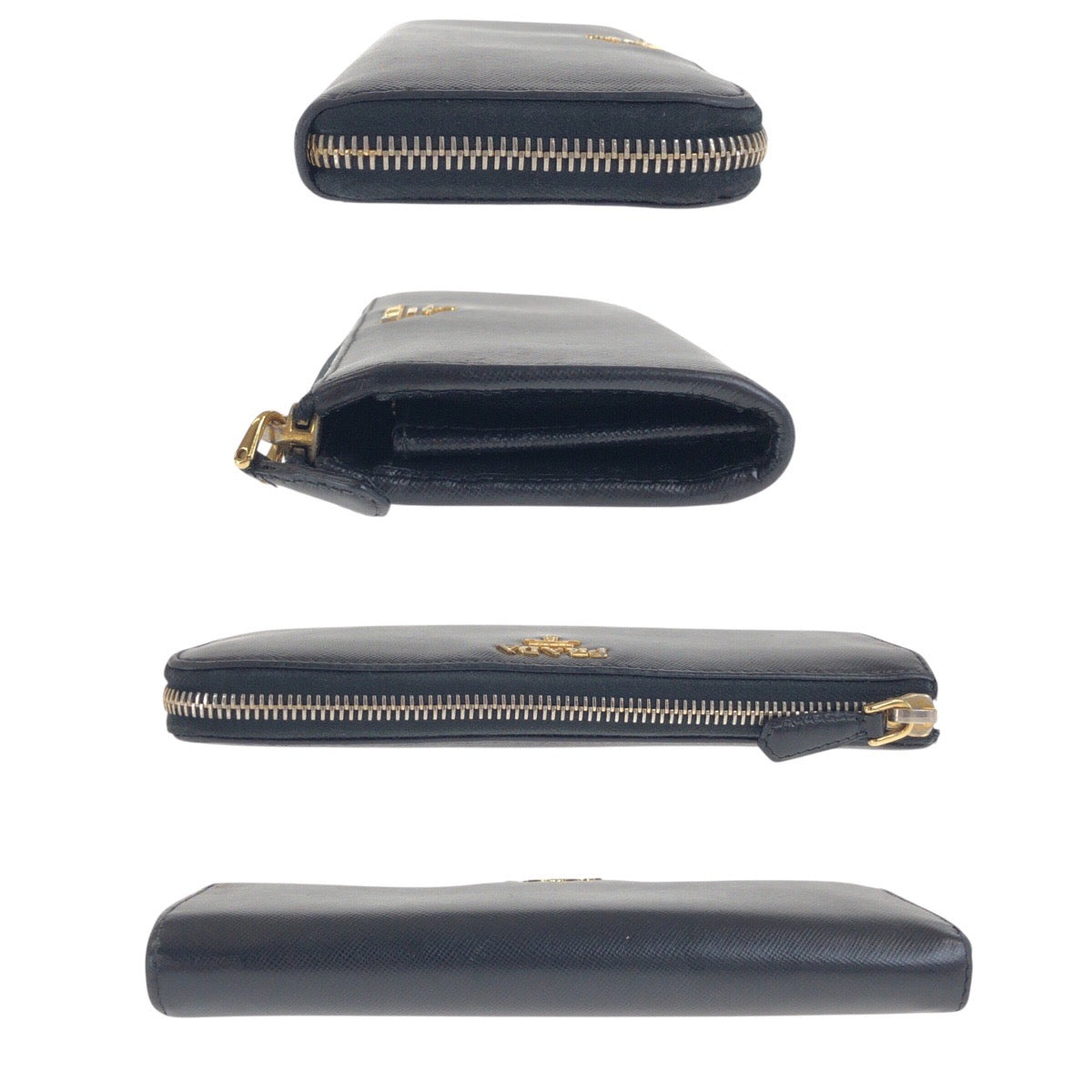 PRADA Long Wallet Purse leather Black Gold Metal Safiano logo