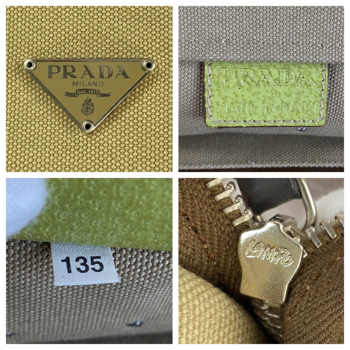 PRADA Tote Bag canvas Beige Green SilverMetal Triangle With logo