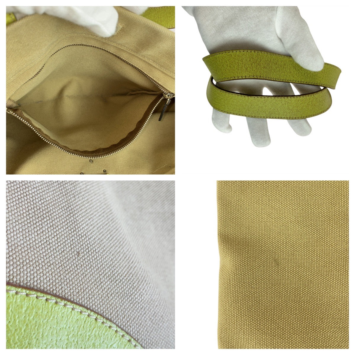 PRADA Tote Bag canvas Beige Green SilverMetal Triangle With logo