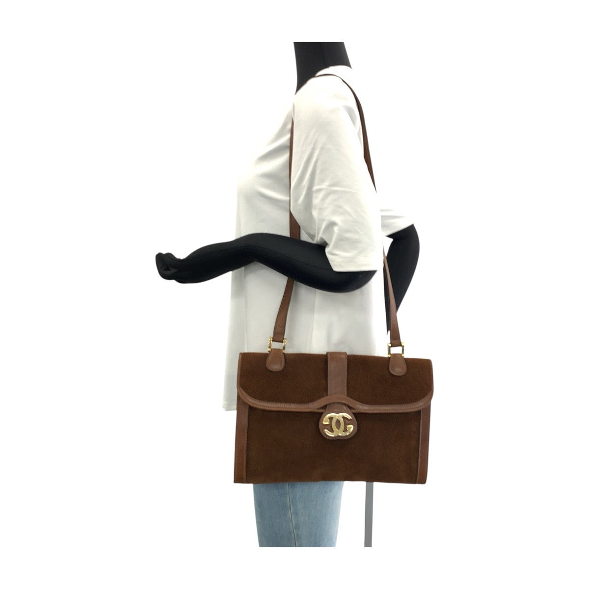 GUCCI Shoulder Bag Suede Brown Gold Metal Old Gucci