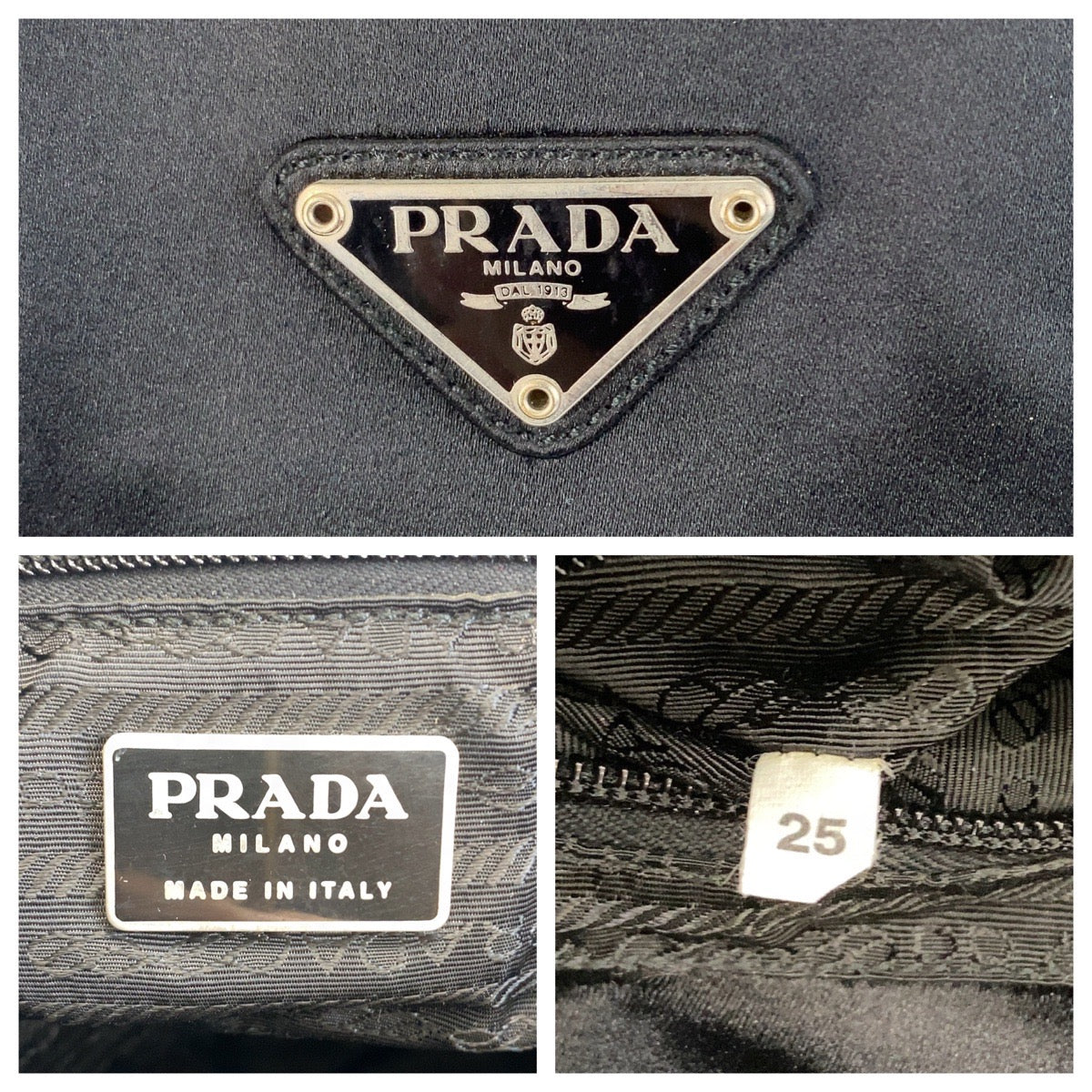 PRADA Tote Bag Satin Black SilverMetal Triangle With logo