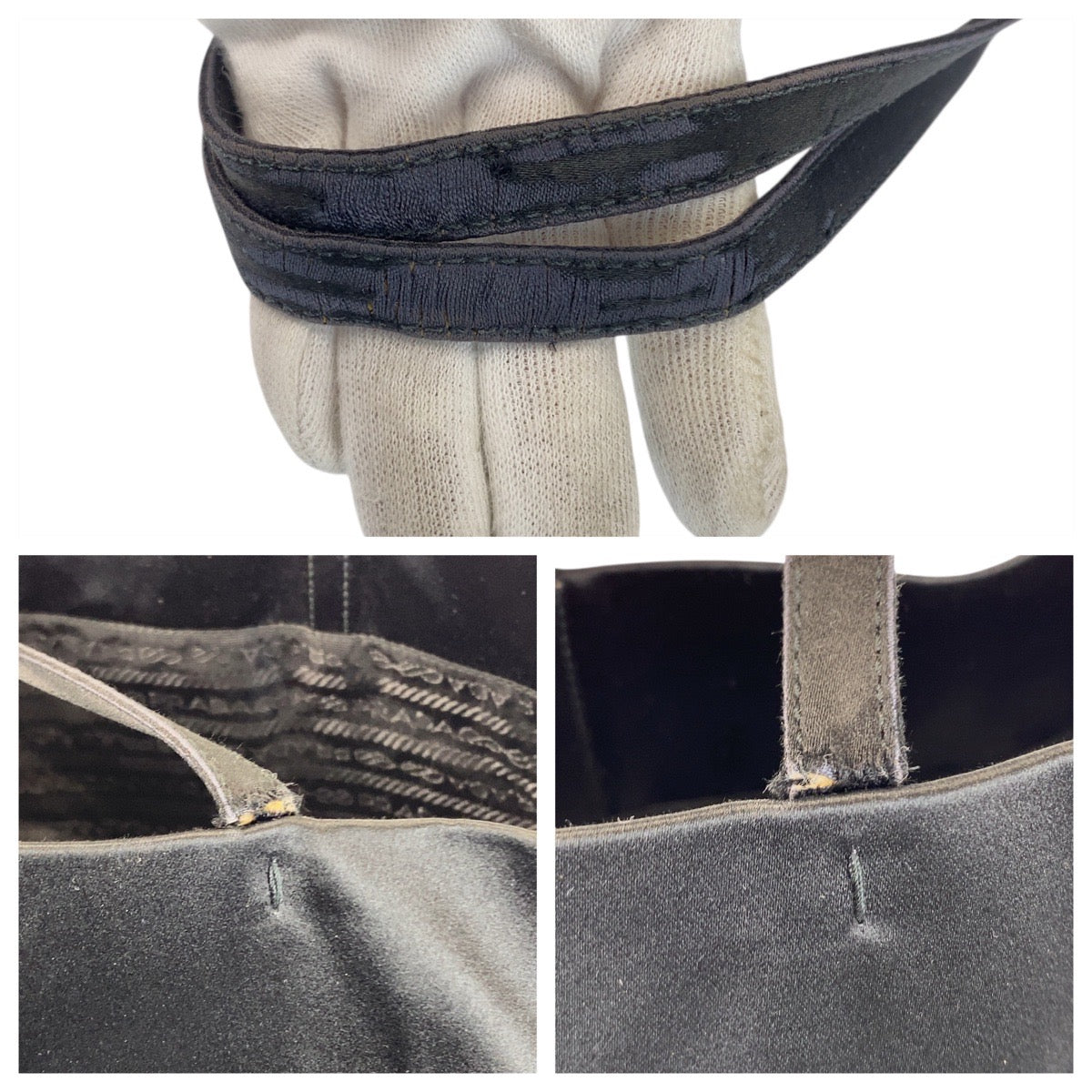 PRADA Tote Bag Satin Black SilverMetal Triangle With logo