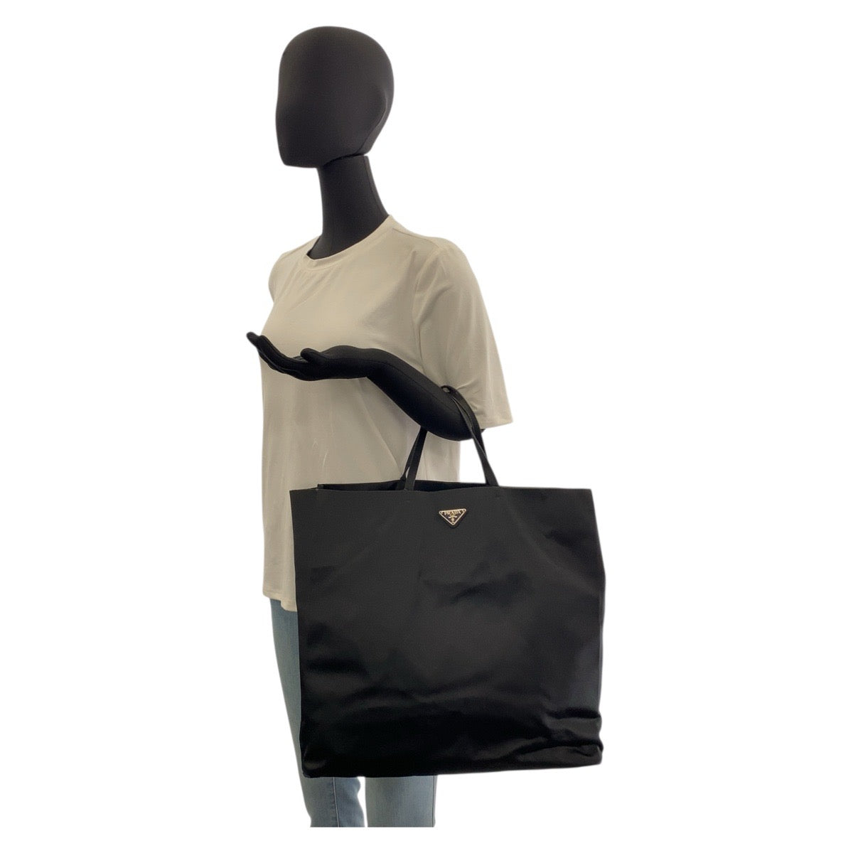PRADA Tote Bag Satin Black SilverMetal Triangle With logo