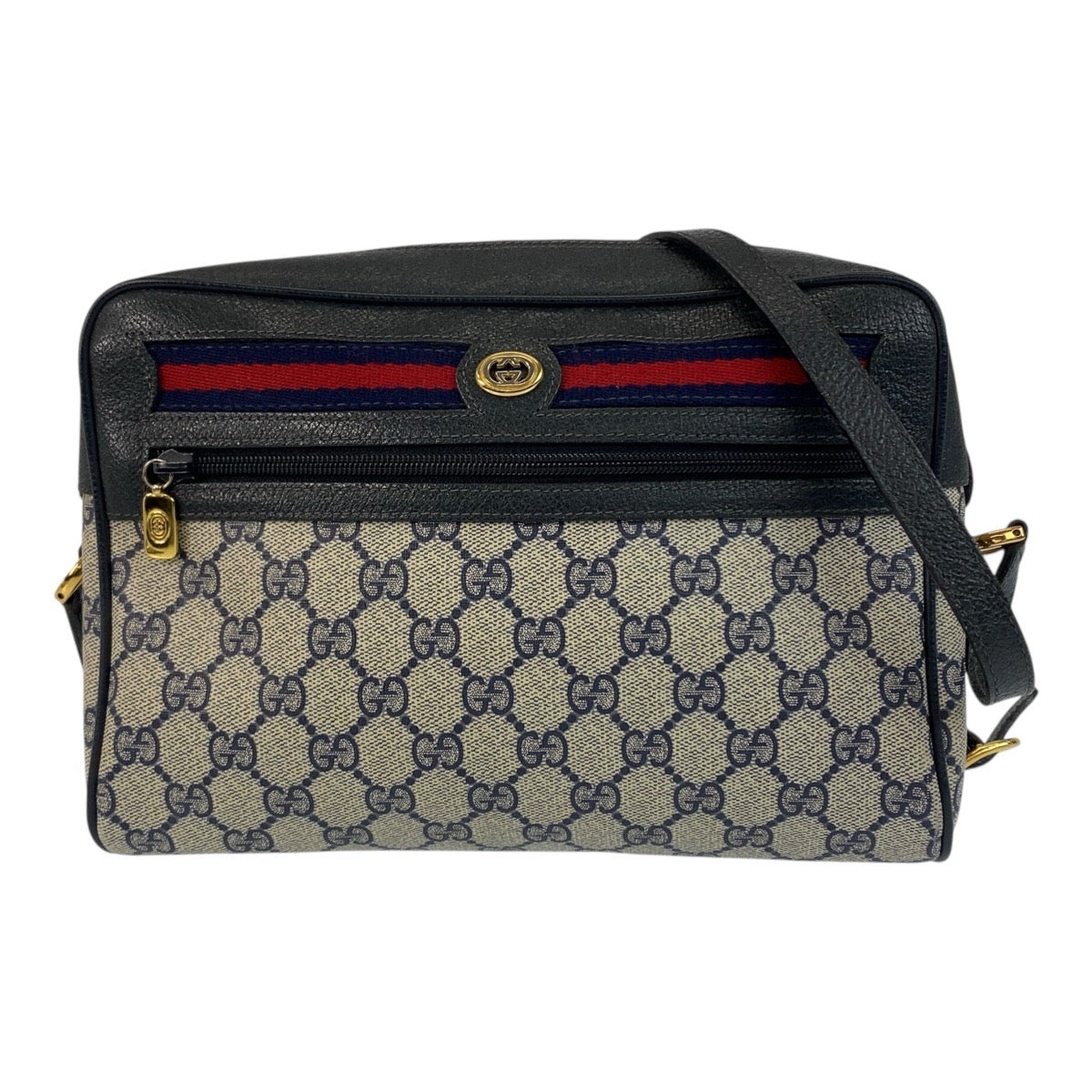 GUCCI Shoulder Bag 119 02 088 GG Supreme Canvas Gray Navy Gold Metal Sherry Line Old Gucci