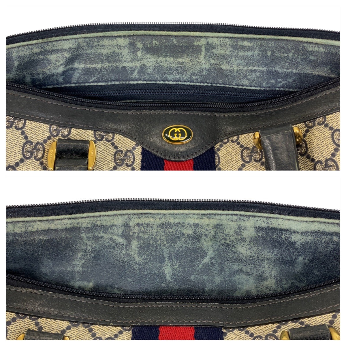 GUCCI Handbag 24 02 007 GG Supreme Canvas Gray Navy Gold Metal Sherry line