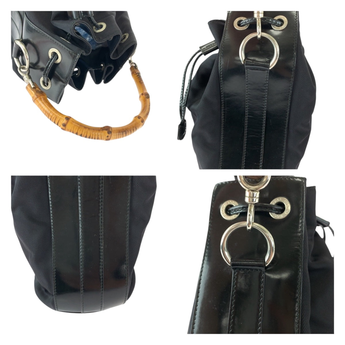 GUCCI Shoulder Bag 001 2404 16570 Nylon Black Brown SilverMetal Bamboo