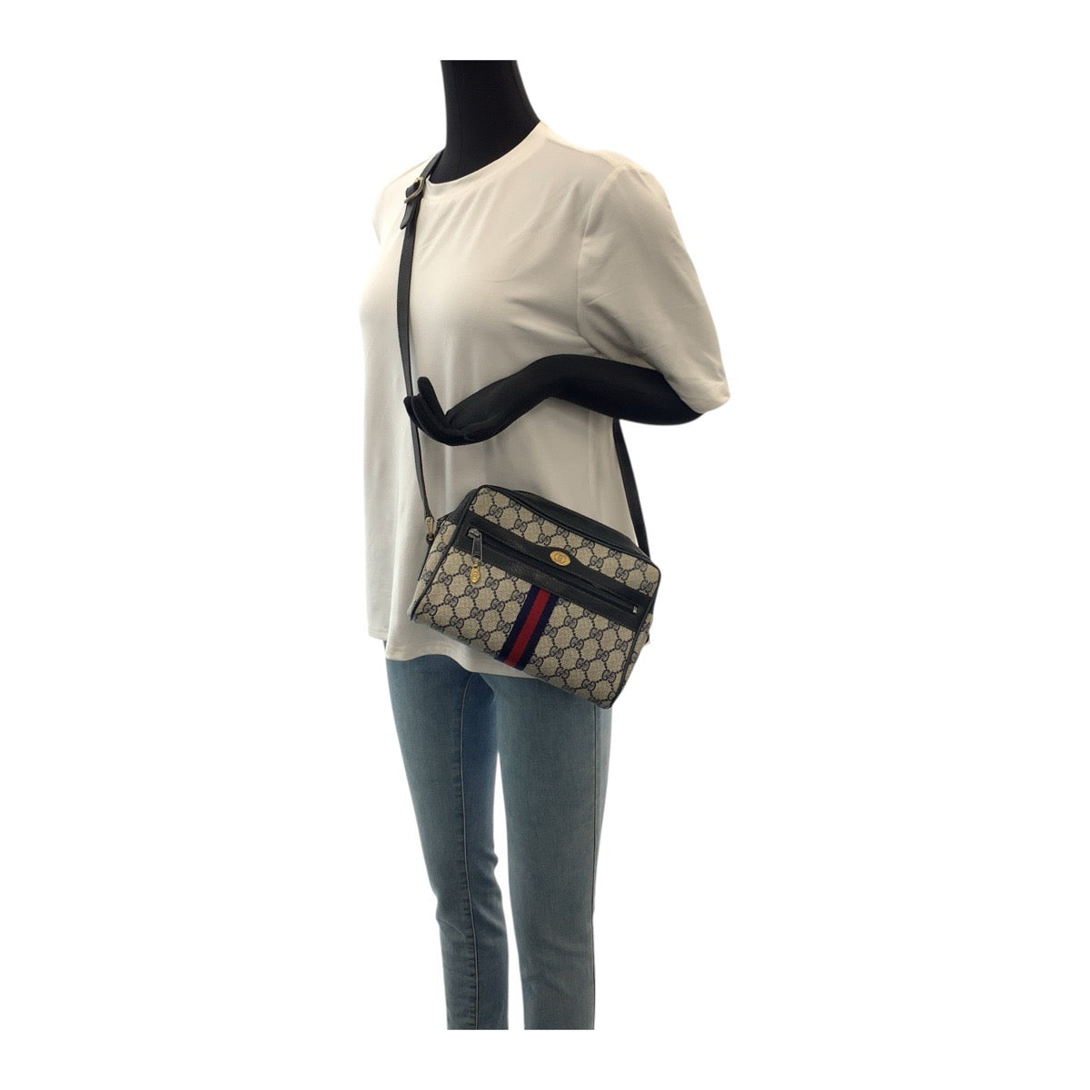 GUCCI Shoulder Bag 68 001 3654 PVC Navy Gold Metal Sherry line Old Gucci