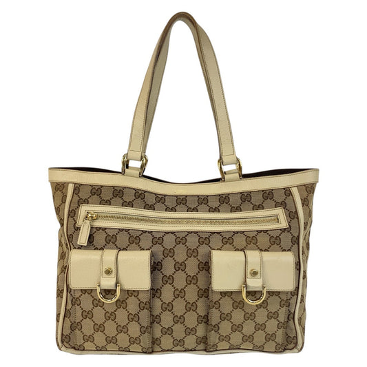 GUCCI Tote Bag 146247 GG canvas Beige Ivory Gold Metal Abbey