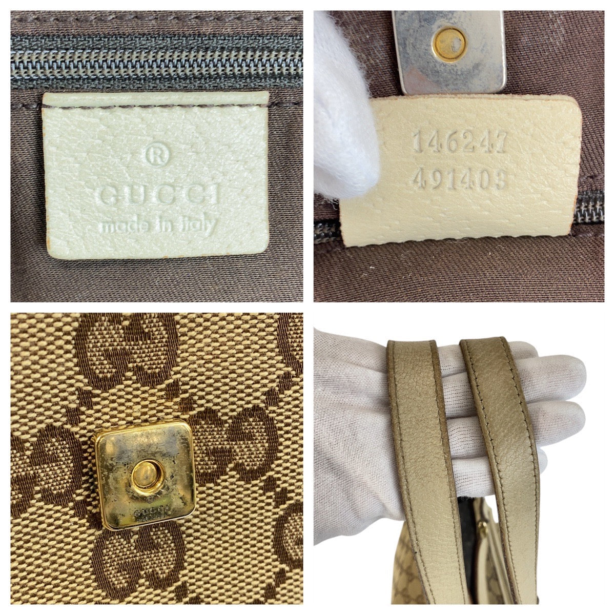GUCCI Tote Bag 146247 GG canvas Beige Ivory Gold Metal Abbey