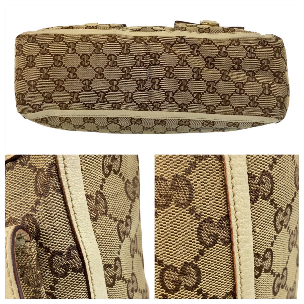 GUCCI Tote Bag 146247 GG canvas Beige Ivory Gold Metal Abbey