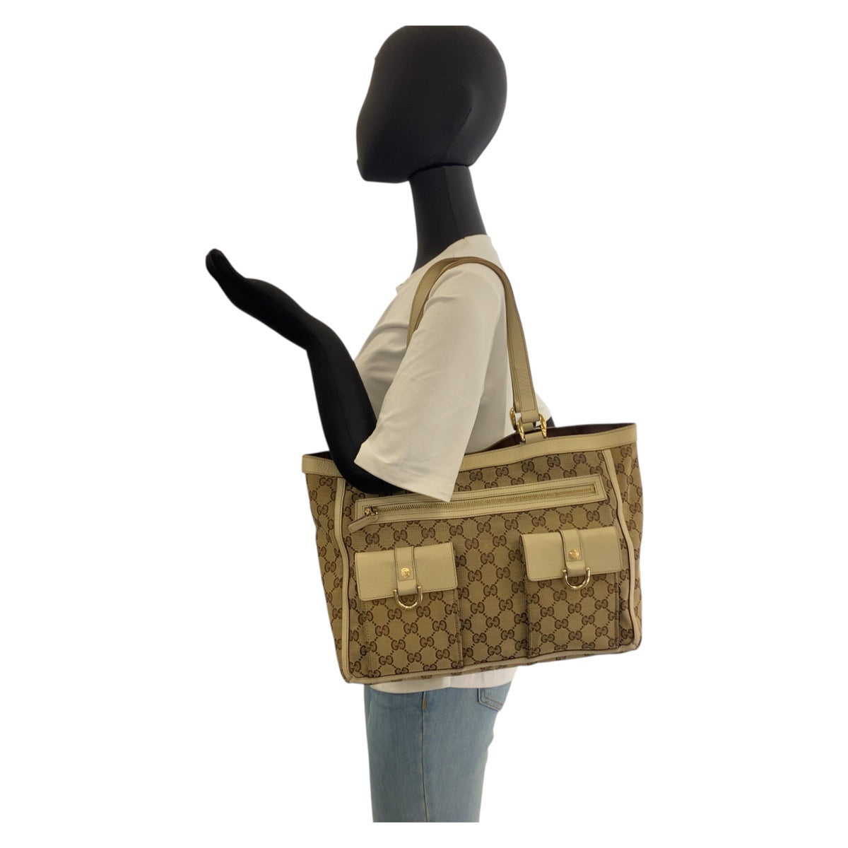 GUCCI Tote Bag 146247 GG canvas Beige Ivory Gold Metal Abbey