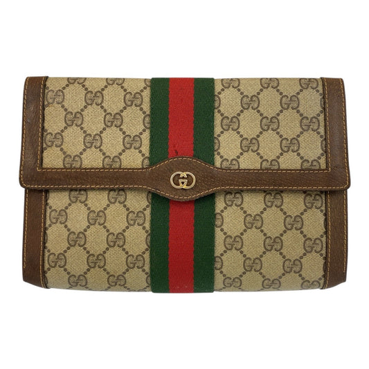 GUCCI Clutch bag 38 GG Supreme Canvas Beige Brown Gold Metal Sherry line
