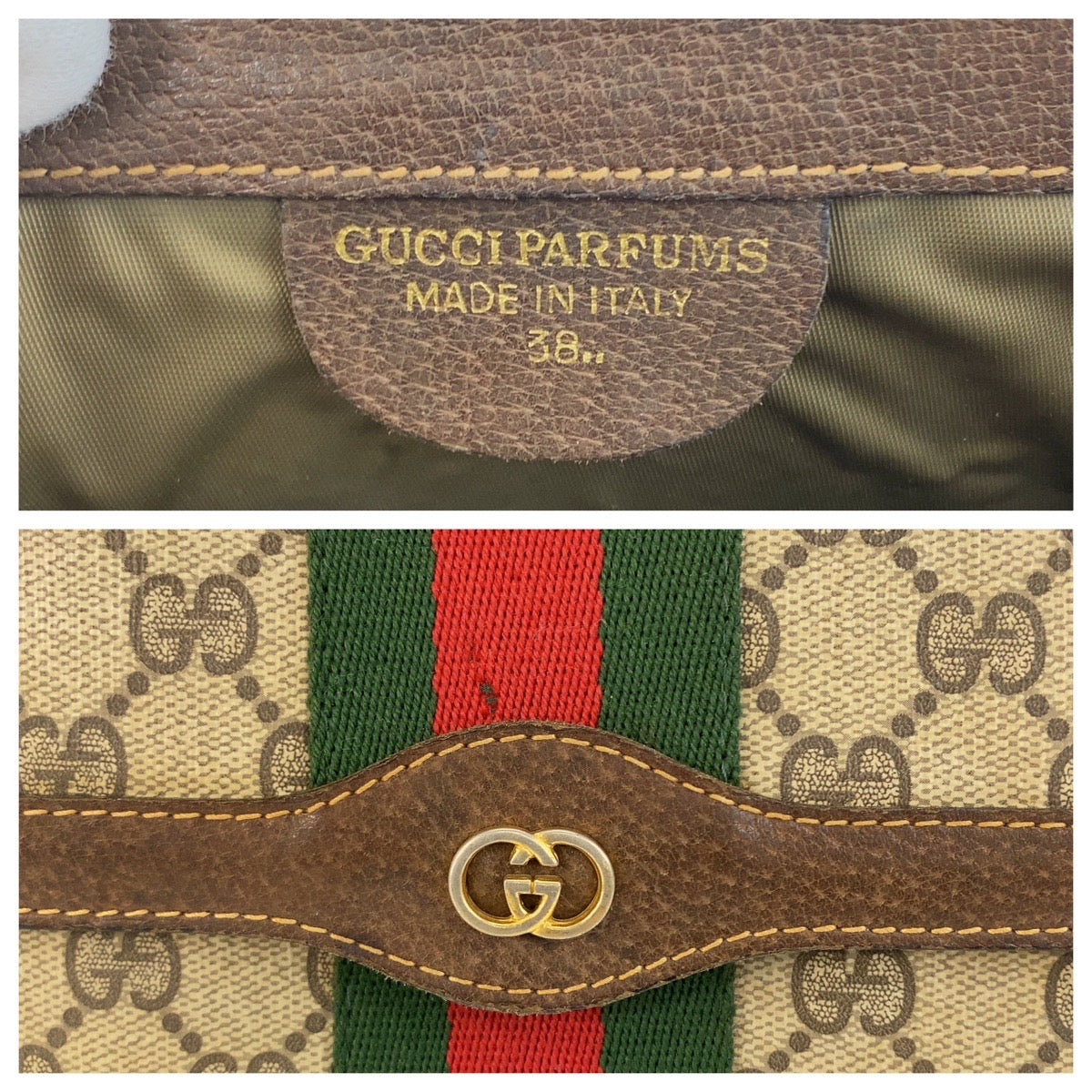 GUCCI Clutch bag 38 GG Supreme Canvas Beige Brown Gold Metal Sherry line