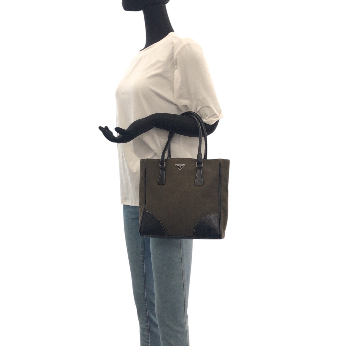 PRADA Tote Bag canvas Khaki Black SilverMetal Triangle With logo