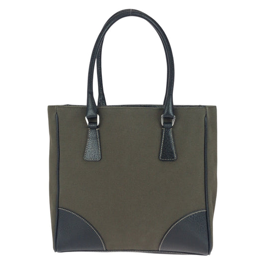 PRADA Tote Bag canvas Khaki Black SilverMetal Triangle With logo