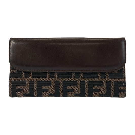 FENDI Long Wallet Purse 2400 31133 018 canvas Brown Silver Metal Zucca