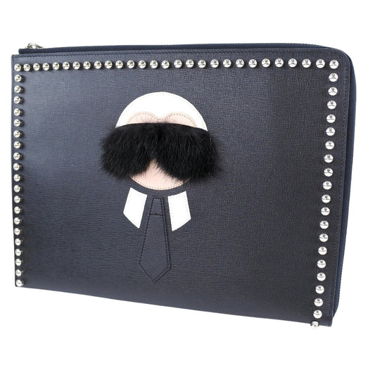 FENDI Clutch bag 8M0370 7MP F0V3X leather black Karl Lagerfeld Studs carlito flat clutch Women Used Authentic