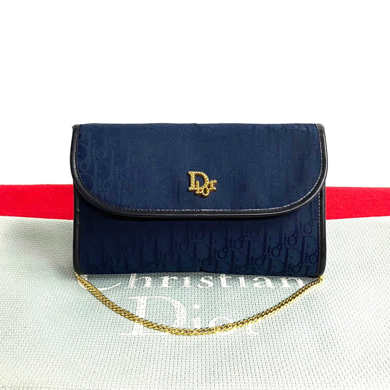Dior Shoulder Bag Canvas, Leather Navy Trotter Pattern logo Metal Women Used Authentic