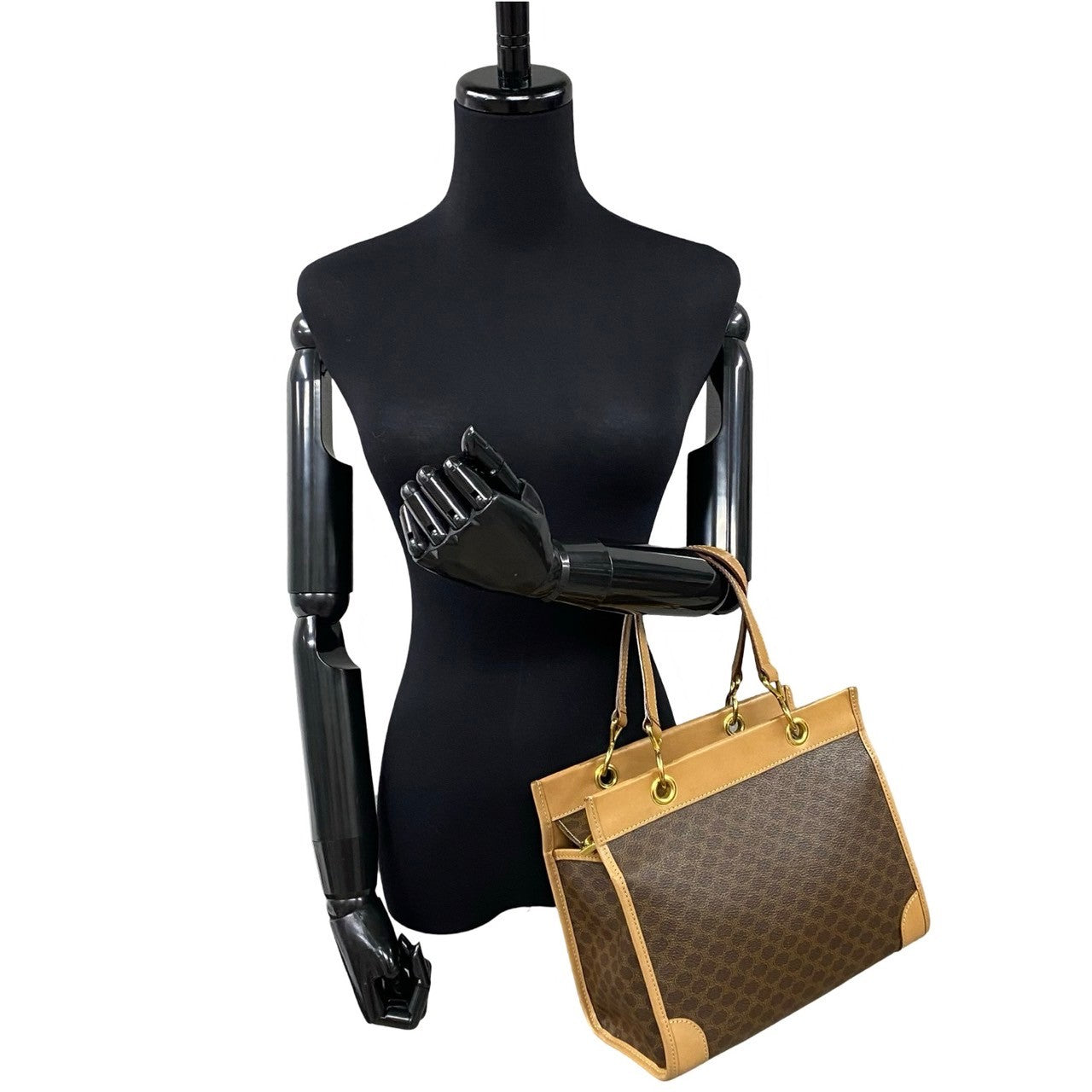 CELINE Handbag Leather, PVC Brown Macadam Blason Pattern Women Used Authentic