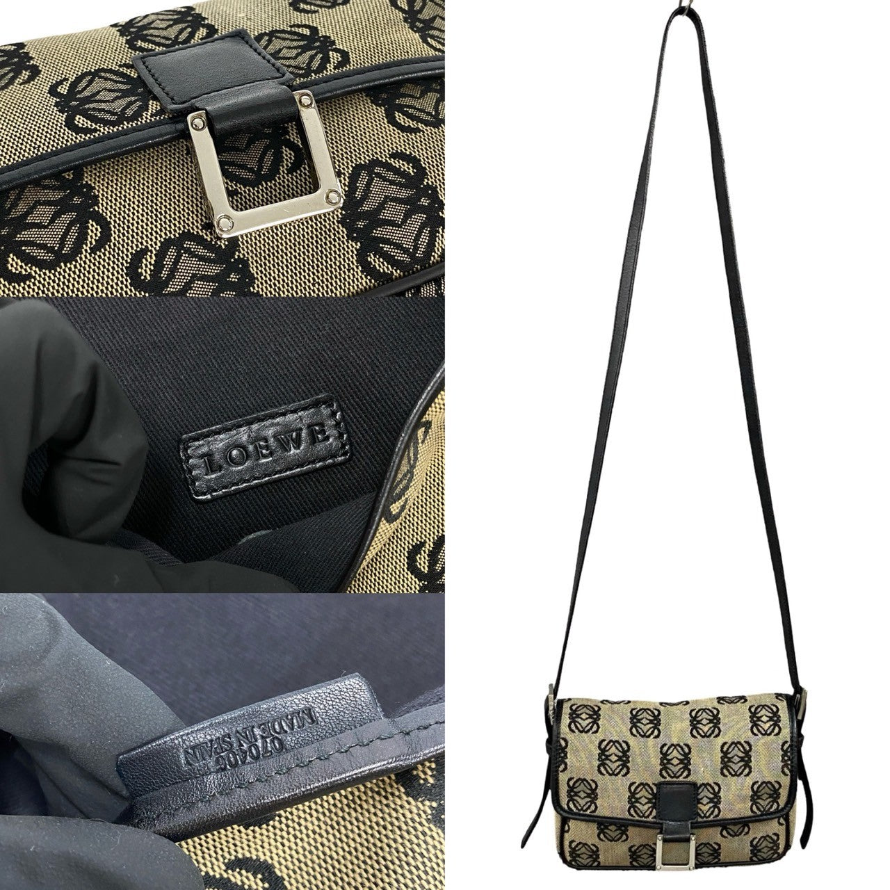 LOEWE Shoulder Bag Canvas, Leather black Anagram logo all-over pattern Women Used Authentic