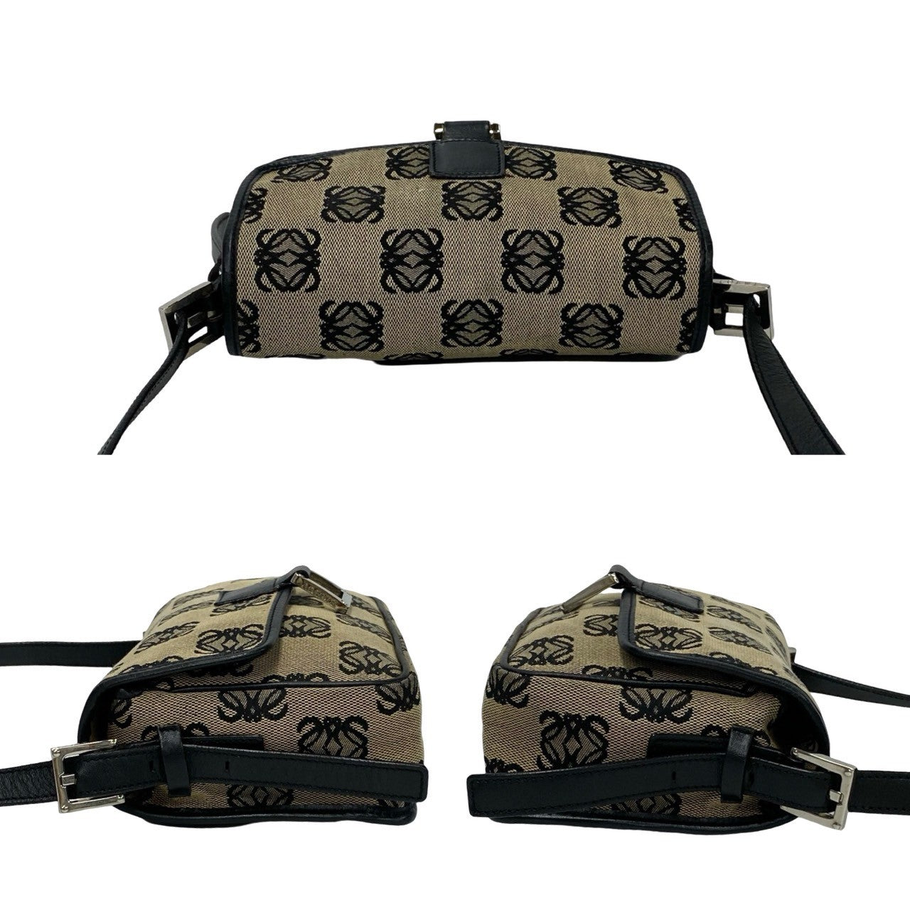 LOEWE Shoulder Bag Canvas, Leather black Anagram logo all-over pattern Women Used Authentic