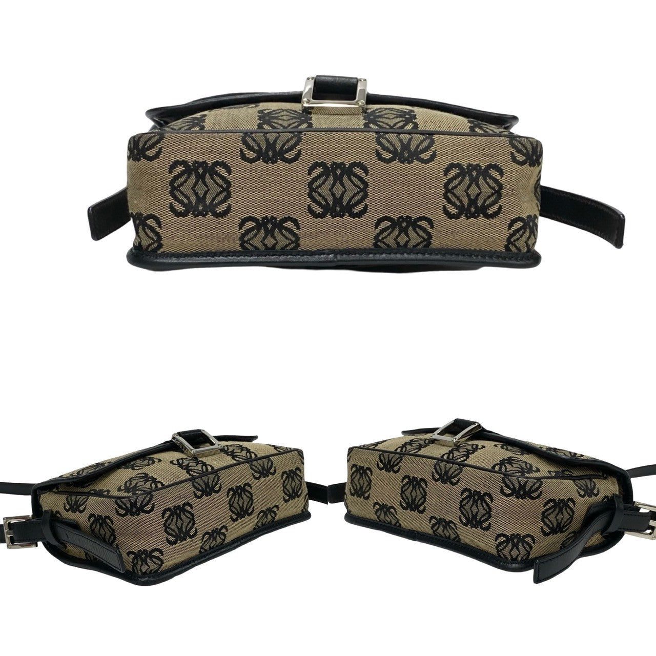 LOEWE Shoulder Bag Canvas, Leather black Anagram logo all-over pattern Women Used Authentic