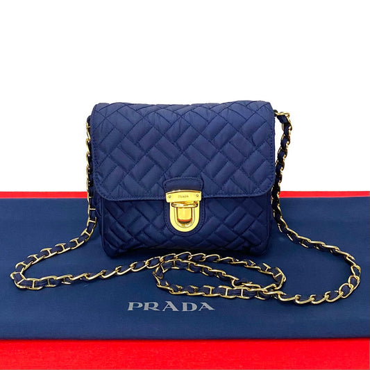 PRADA Shoulder Bag Nylon, Leather Navy logo Metal Women Used Authentic
