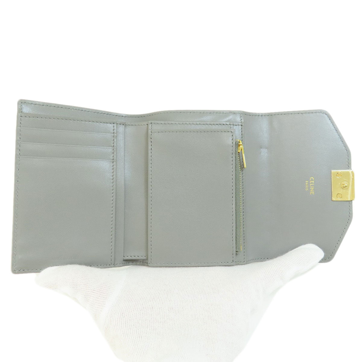 CELINE Bifold Wallet leather gray CMetal Women Used Authentic