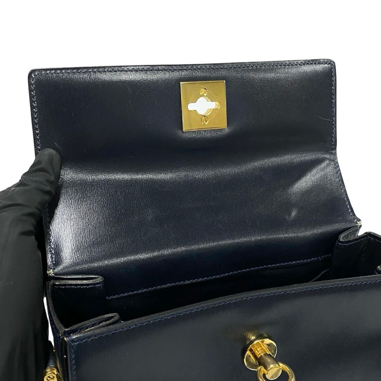 CELINE Shoulder Bag leather Navy logo ring Metal Women Used Authentic