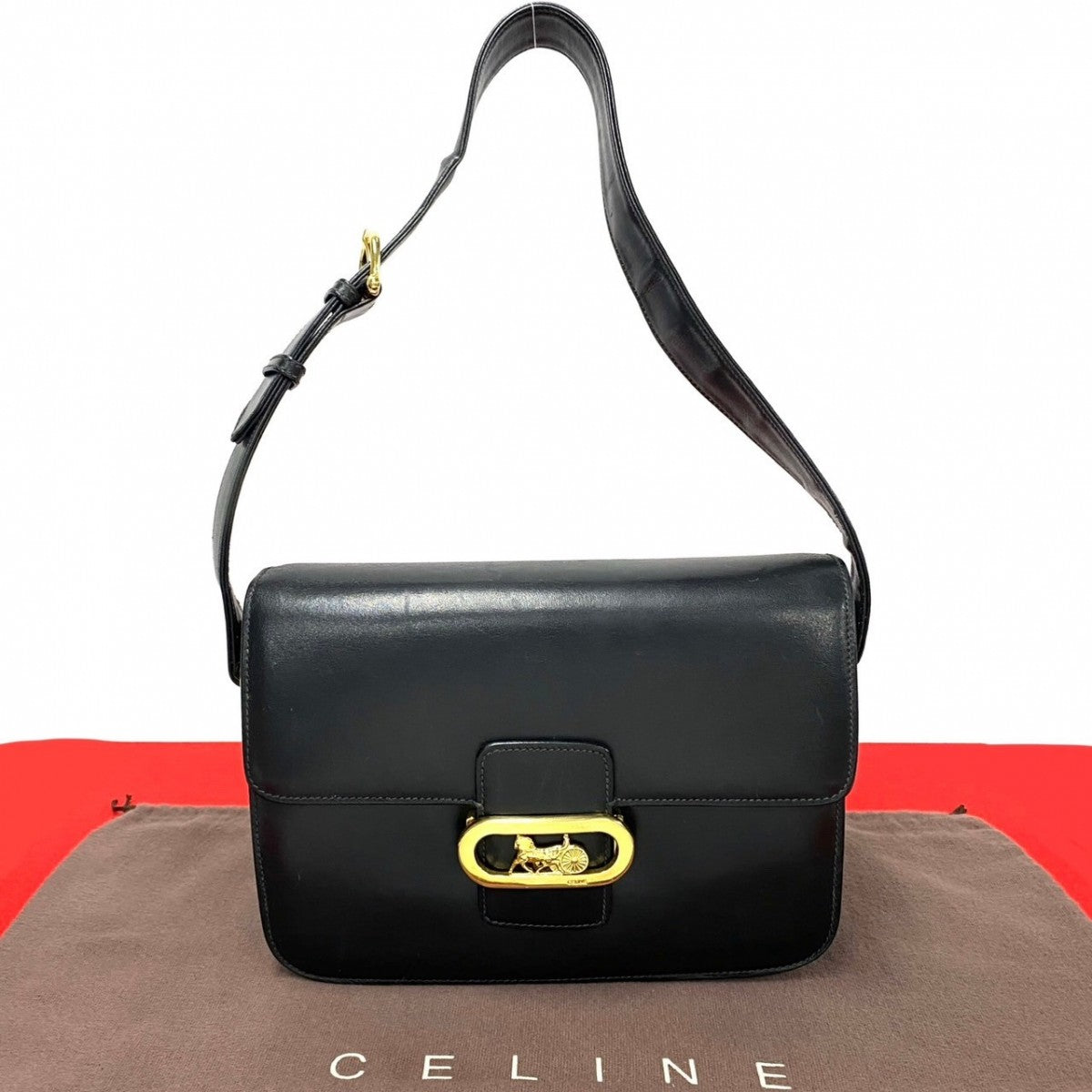 CELINE Shoulder Bag Calfskin, Leather black logo carriage Metal Women Used Authentic