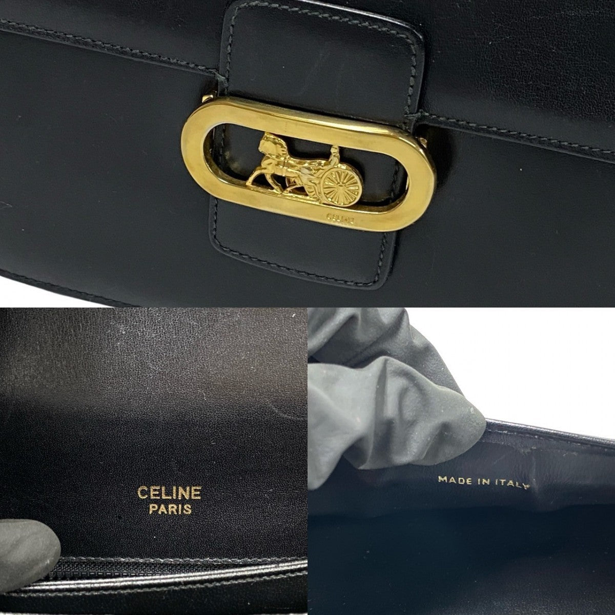 CELINE Shoulder Bag Calfskin, Leather black logo carriage Metal Women Used Authentic