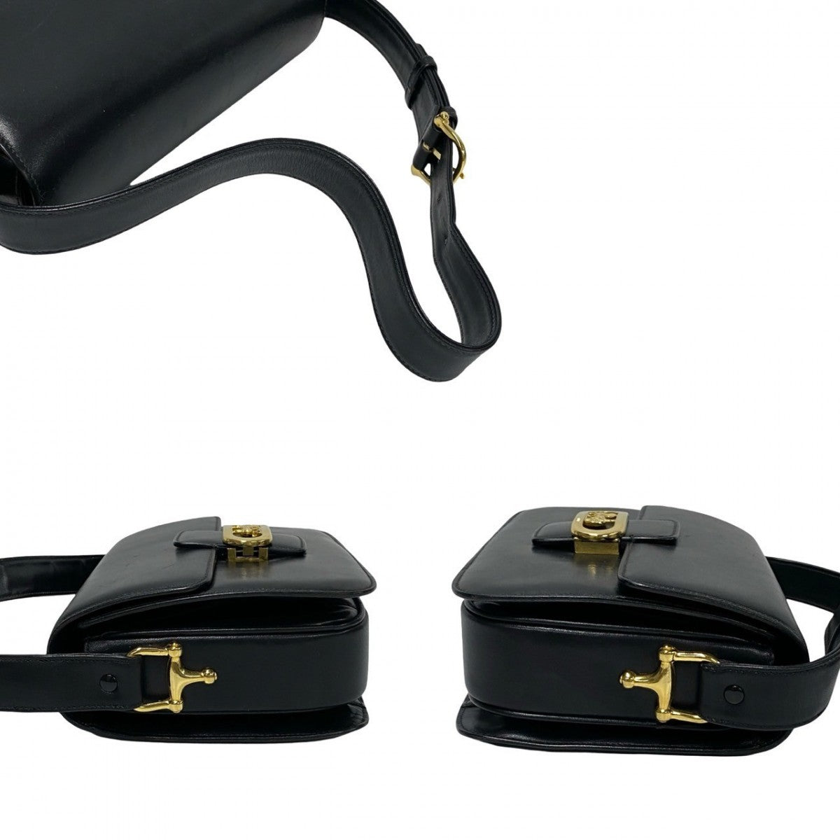 CELINE Shoulder Bag Calfskin, Leather black logo carriage Metal Women Used Authentic
