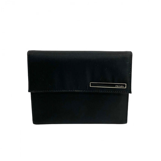 PRADA Bifold Wallet Nylon, Leather black logo Metal Women Used Authentic