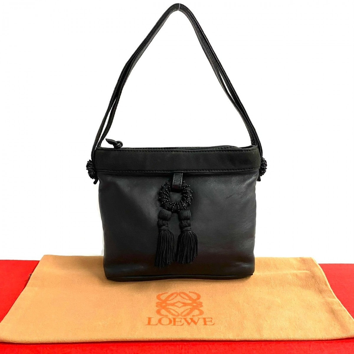 LOEWE Handbag Leather, Nappa Leather, Suede black LOEWE logo engraved tassel bead motif Women Used Authentic