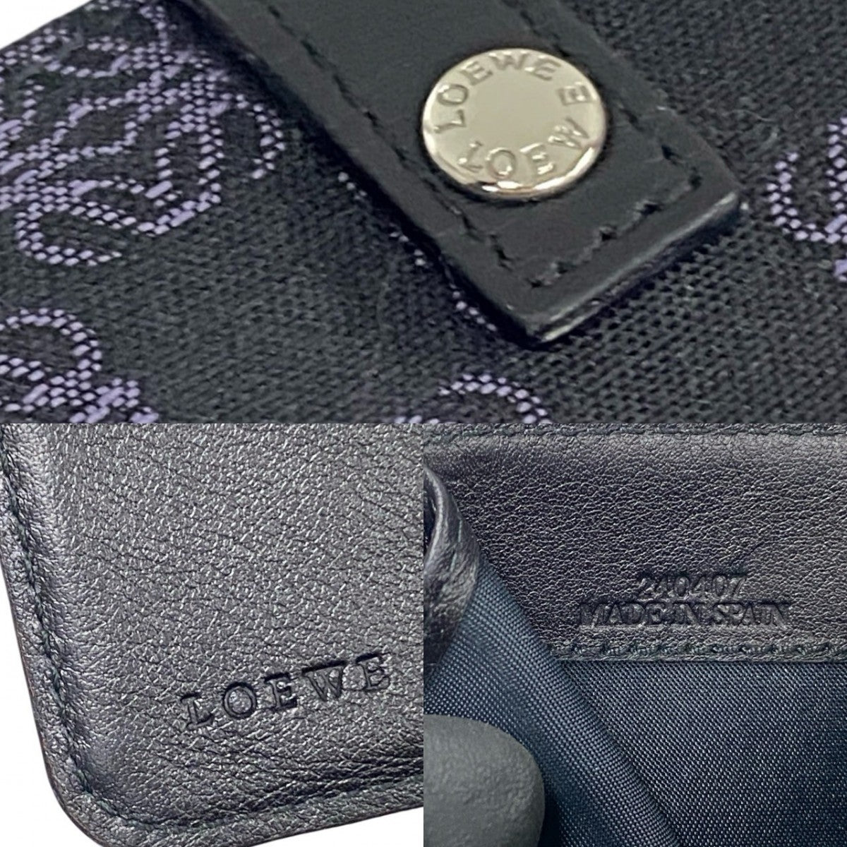 LOEWE Bifold Wallet Canvas, Leather black Anagram logo all-over pattern Women Used Authentic
