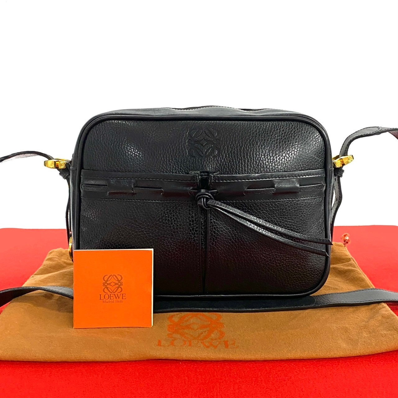 LOEWE Shoulder Bag leather black Anagram logo Women Used Authentic