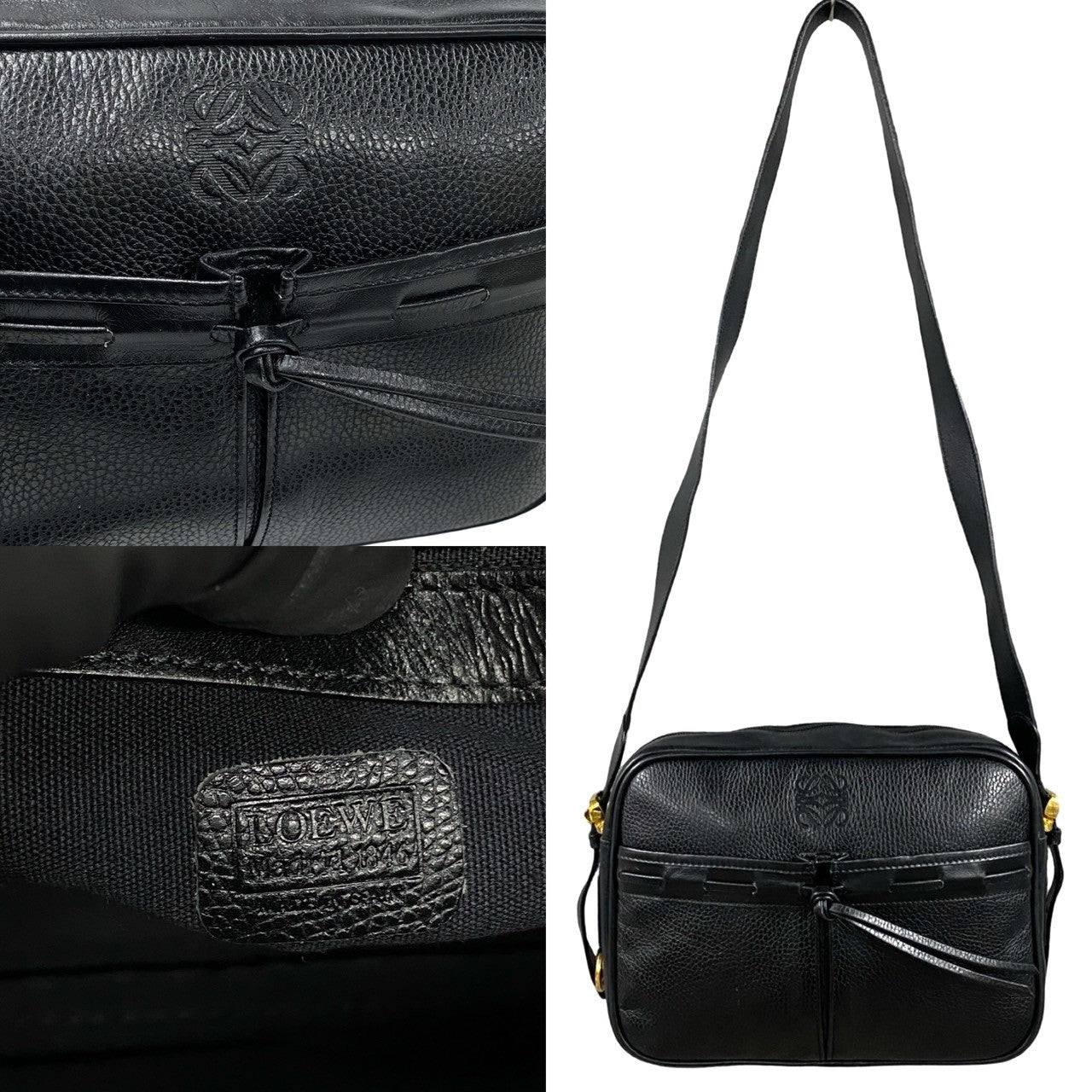 LOEWE Shoulder Bag leather black Anagram logo Women Used Authentic