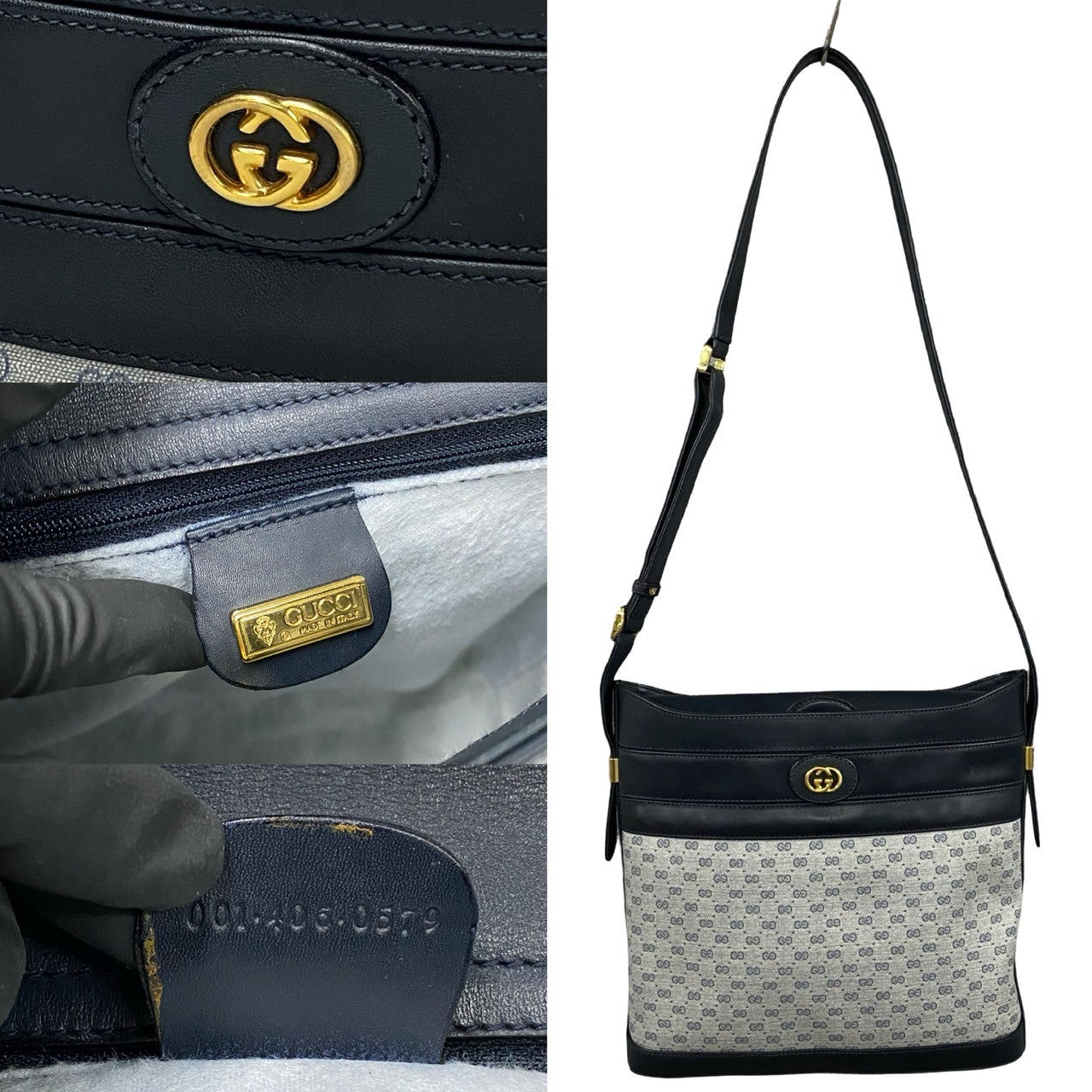 GUCCI Shoulder Bag Leather, PVC Navy Micro GG logo Metal Women Used Authentic