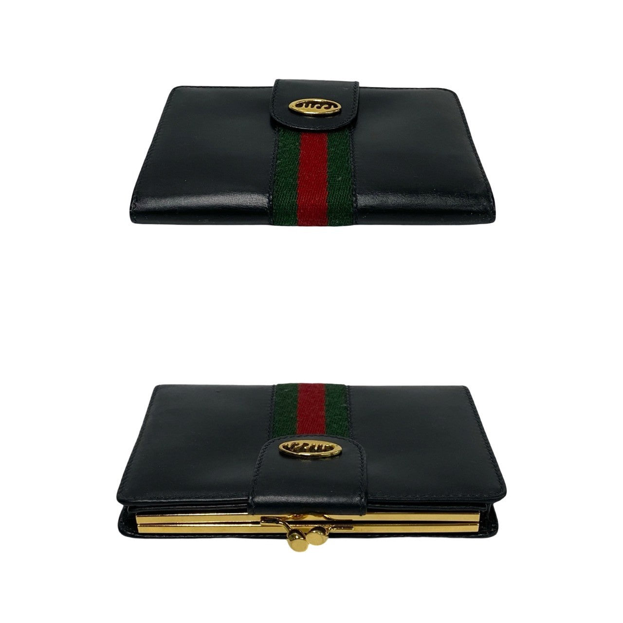 GUCCI Bifold Wallet leather black logo Metal Sherry line Women Used Authentic