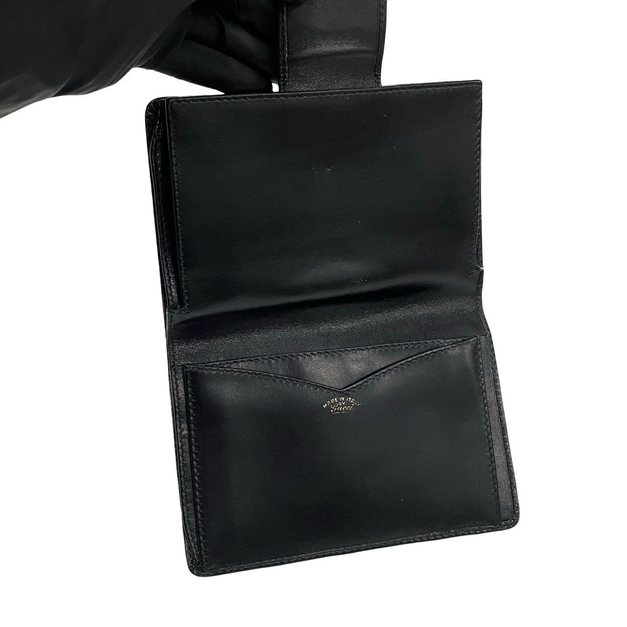 GUCCI Bifold Wallet leather black logo Metal Sherry line Women Used Authentic