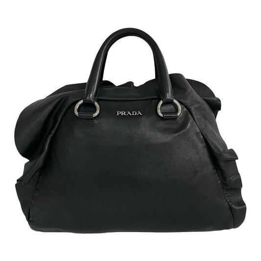 PRADA Handbag leather black logo Metal Women Used Authentic