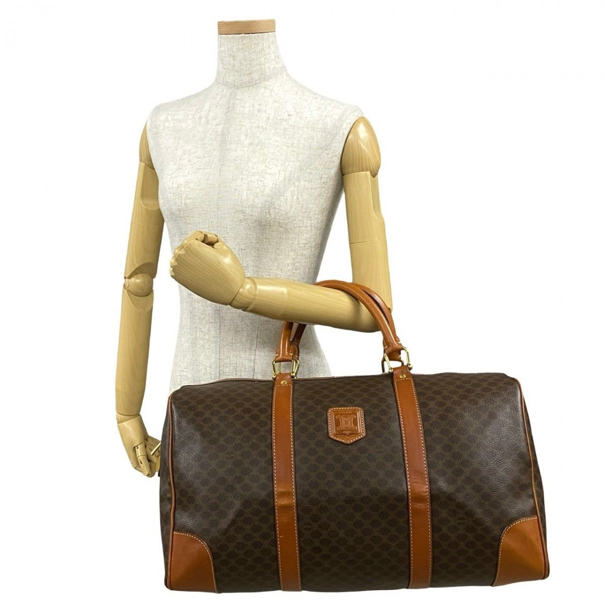 CELINE Boston Duffel bag Leather, PVC Brown Macadam Blason Pattern Women Used Authentic