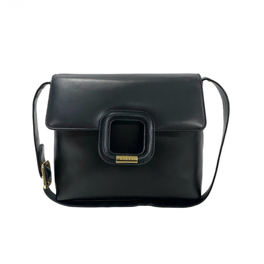 GUCCI Shoulder Bag leather Navy logo Metal Women Used Authentic