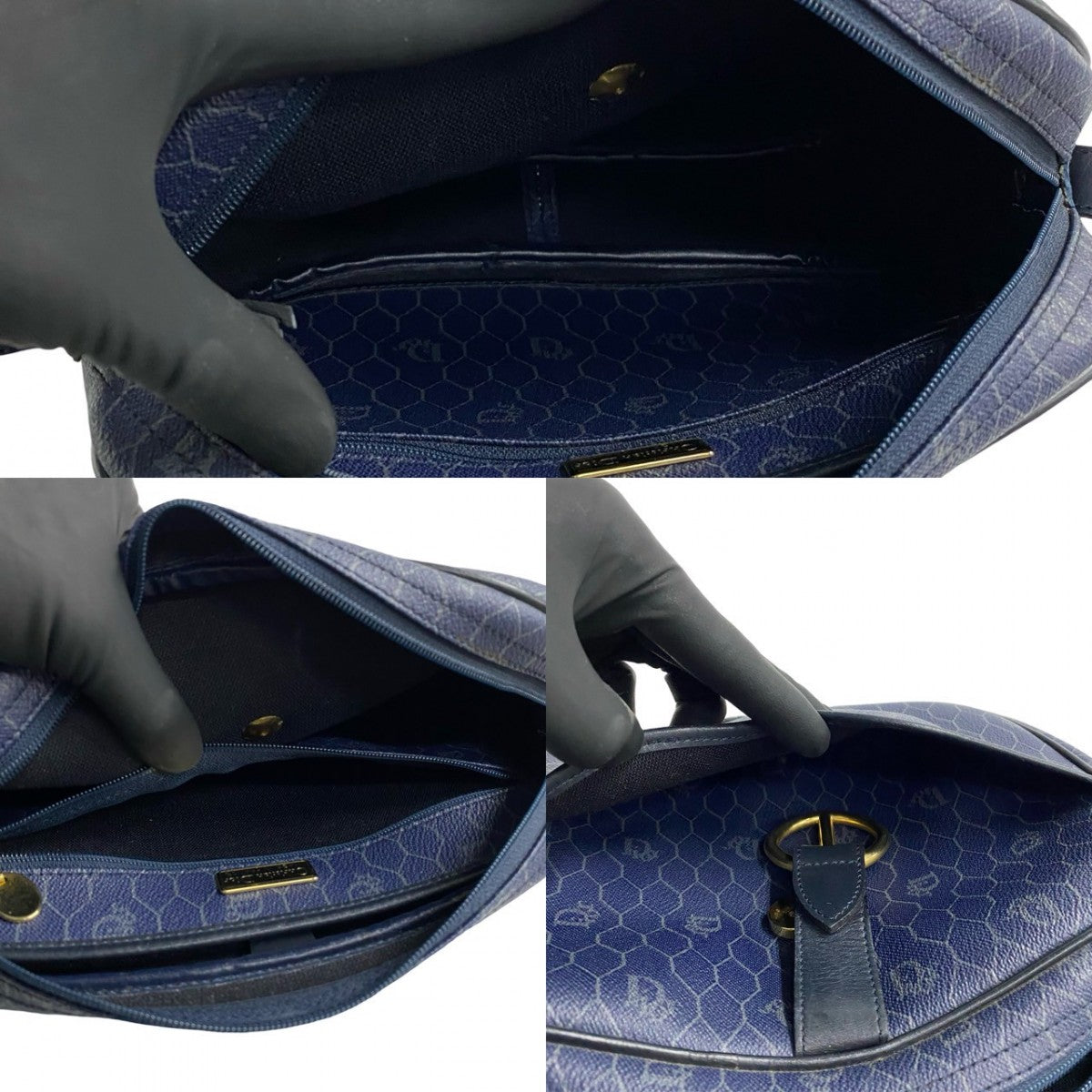 Dior Shoulder Bag Leather, PVC Navy Honeycomb Pattern Women Used Authentic