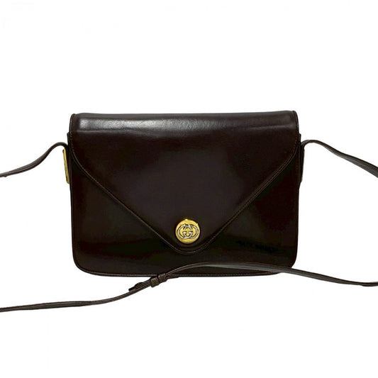 GUCCI Shoulder Bag leather Brown GG logo Metal Women Used Authentic