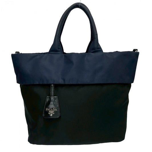 PRADA Shoulder Bag Nylon Navy Triangle Logo Metal Reversible Women Used Authentic