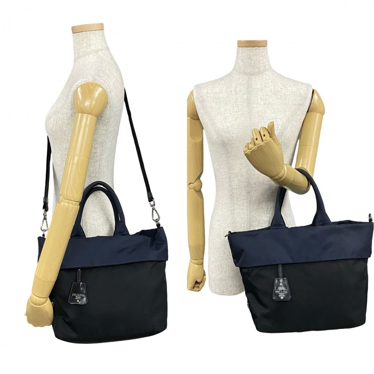 PRADA Shoulder Bag Nylon Navy Triangle Logo Metal Reversible Women Used Authentic